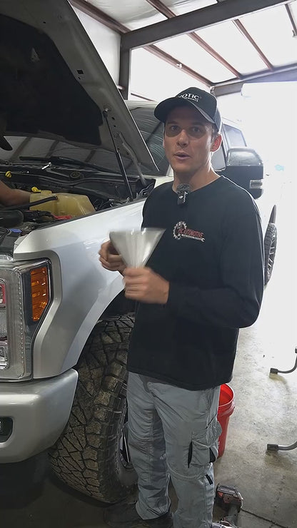 6.7L Powerstroke Thread-On Oil Funnel – No Spill, Hands-Free Oil Filling (2011-2026)