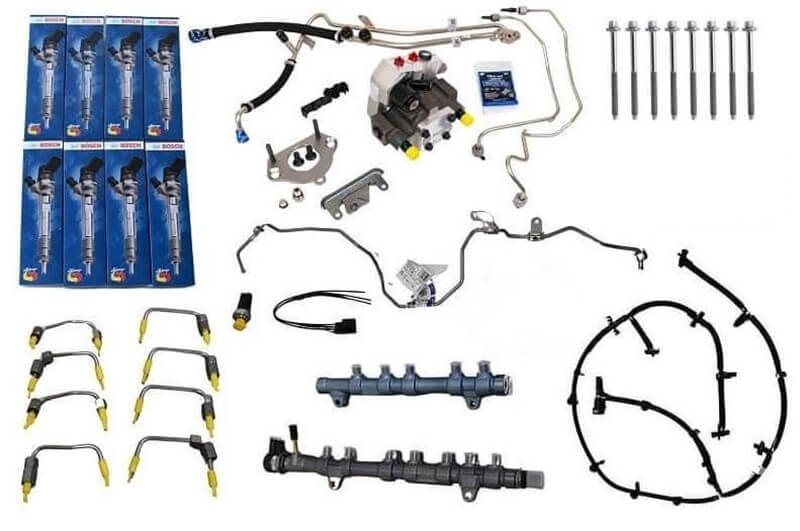 Supplier reference kit with stock Bosch injectors and DCR pump; final parts vary by configuration